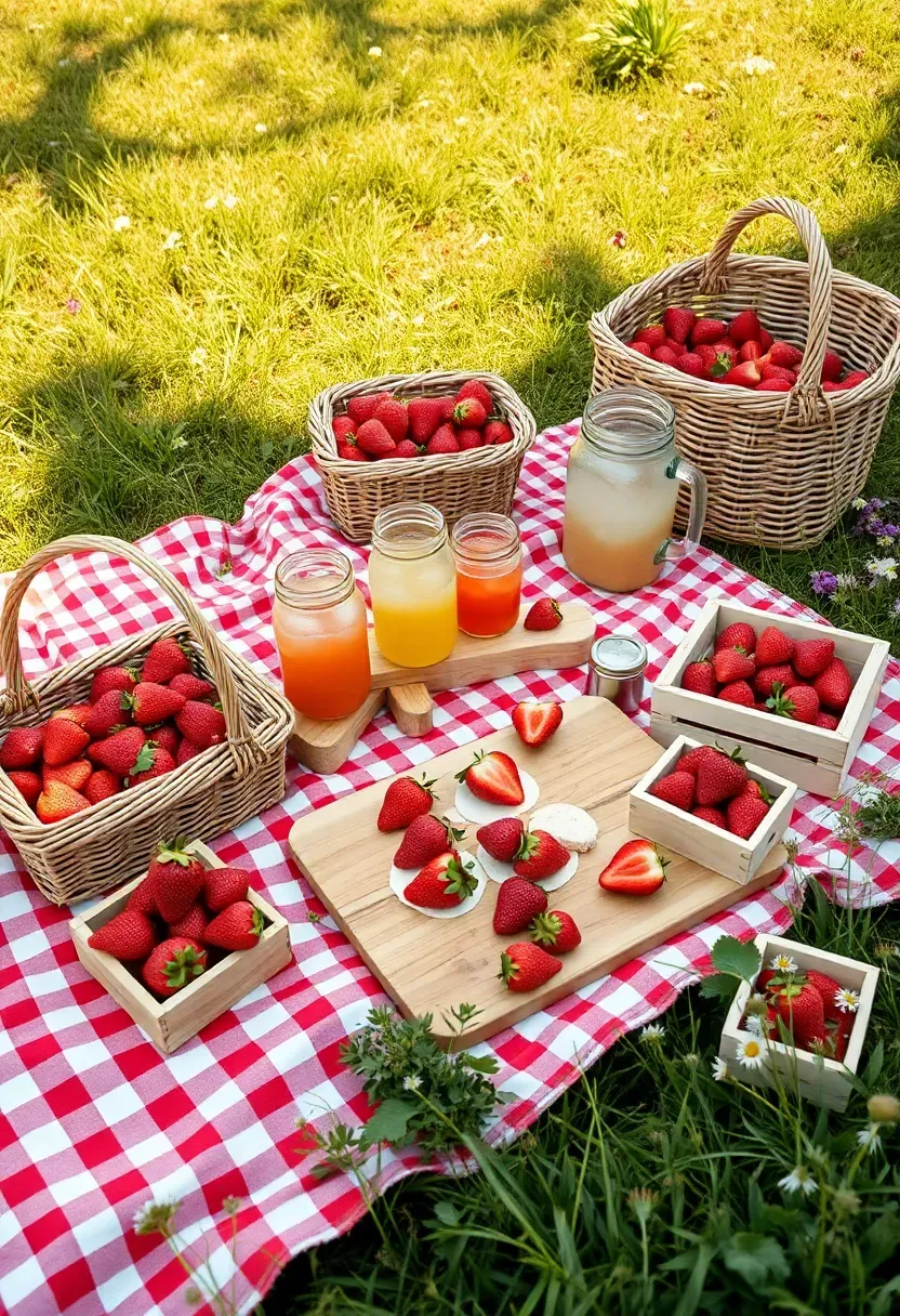 strawberry fields themed baby shower picnic with red gingham blankets berry baskets and wildflowers