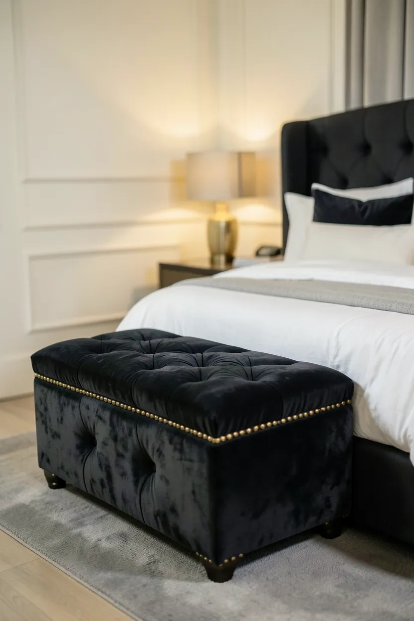 Cream velvet tufted storage ottoman with brass legs at the foot of a bed in a cozy luxury bedroom