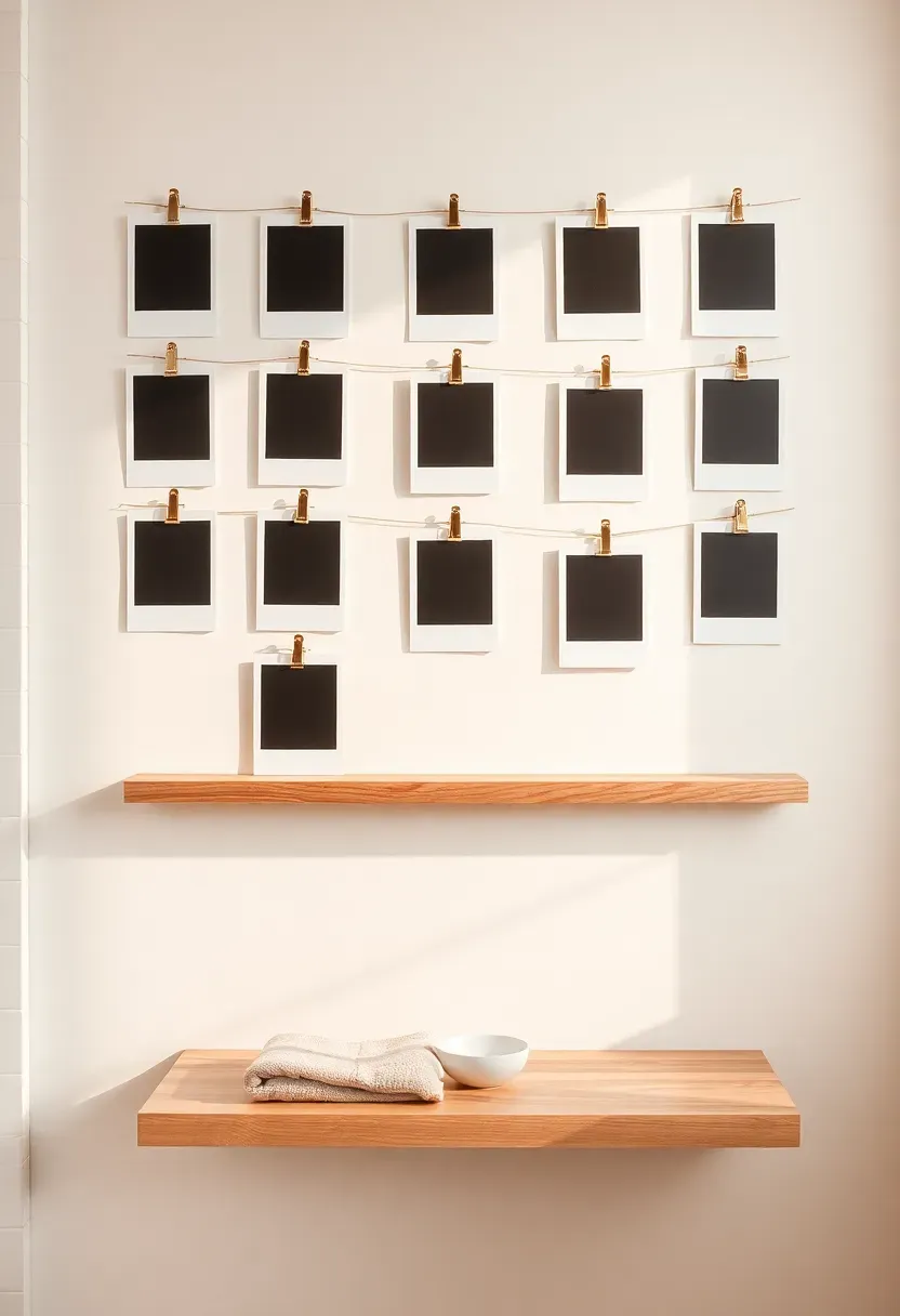 Polaroid-style photo collage arranged in a grid pattern on a white bathroom wall above a wooden shelf