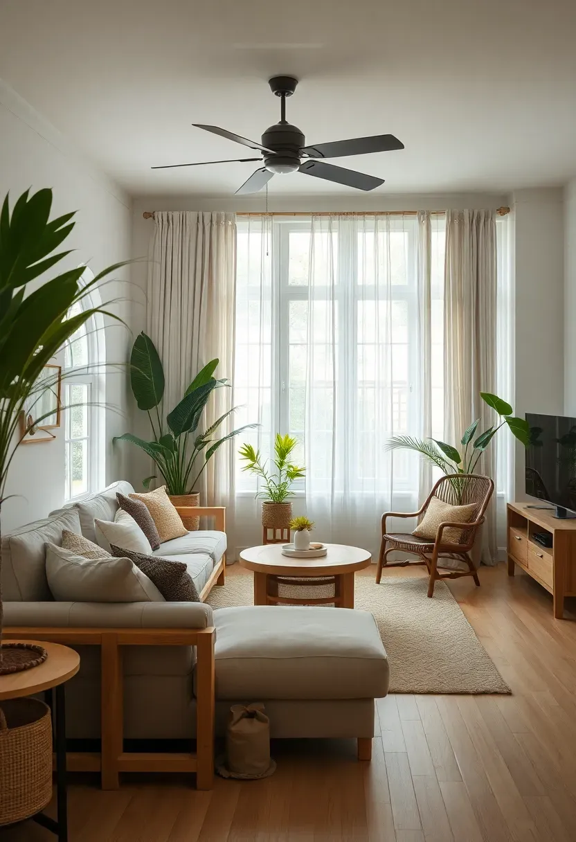 Hyper-realistic view of warm-climate Scandinavian adaptation. Light oak furniture, linen and cotton textiles instead of heavy wool, bamboo accents alongside wood, large windows with linen sheer curtains for airflow and shade, ceiling fan visible. White walls, light wood floor, tropical plant elements. Bright natural light controlled but welcomed. Warm climate adaptation mood showing how Scandinavian principles translate—light colors, natural materials, minimal clutter maintained while materials chosen for climate appropriateness.</p>