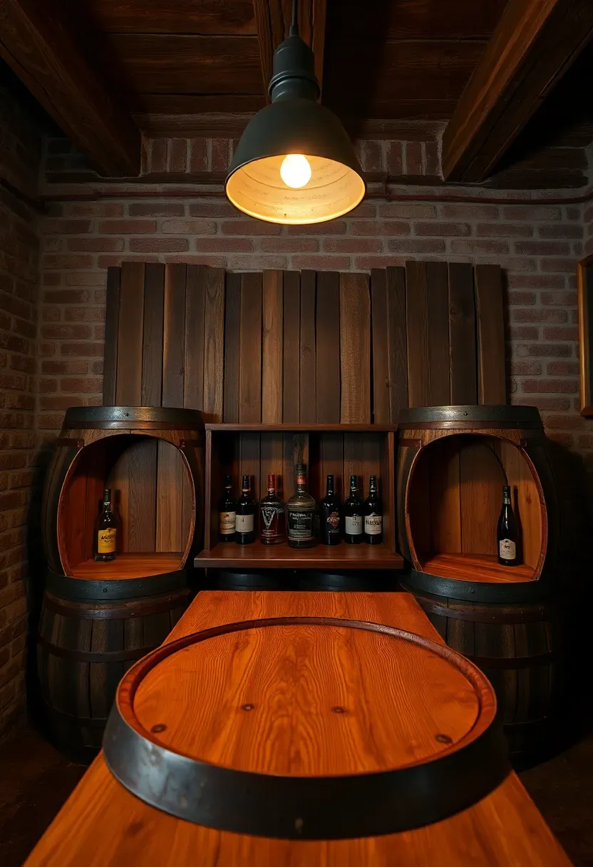barrel-top pub bar in a basement made from repurposed whiskey barrels with a thick wood plank countertop