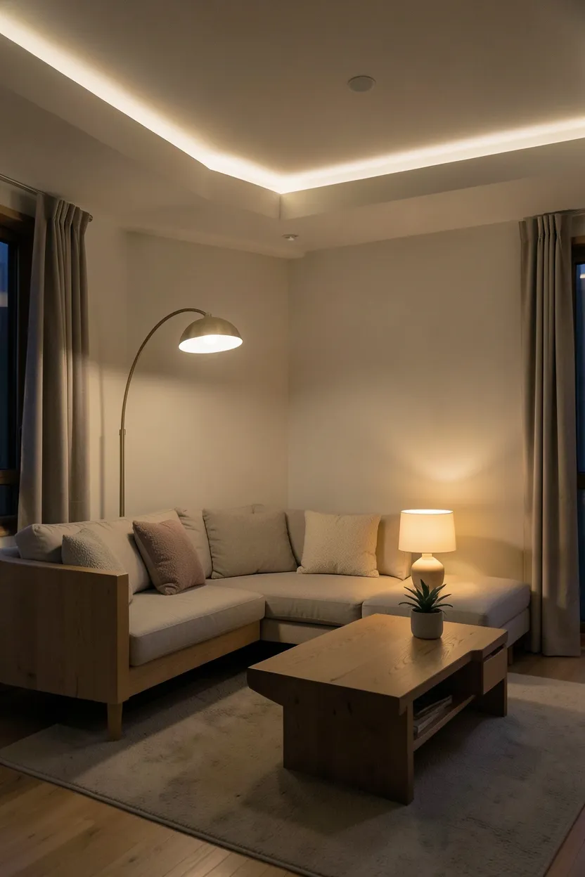 Soft ambient lighting in a Japandi living room with warm-toned floor lamp behind linen sofa and pendant light over low coffee table