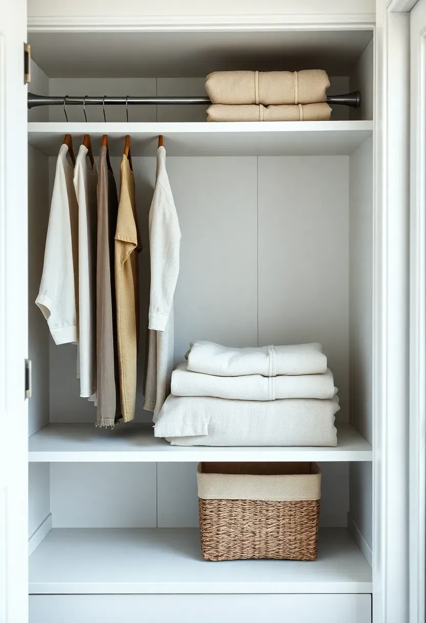 Hyper-realistic 3/4 view of tiny house minimalist closet with built-in shelving showing carefully curated items—few hanging linen garments, organized folded stack on open shelf, one canvas storage bin. Materials: white painted wood, natural linen fabric, woven basket texture. Bright natural daylight from nearby window. Visible empty space between items showing restraint. Clean organized aesthetic with visible breathing room. Shallow depth of field, sharp focus on folded linen stack. No text, no logos, no watermarks.</p>