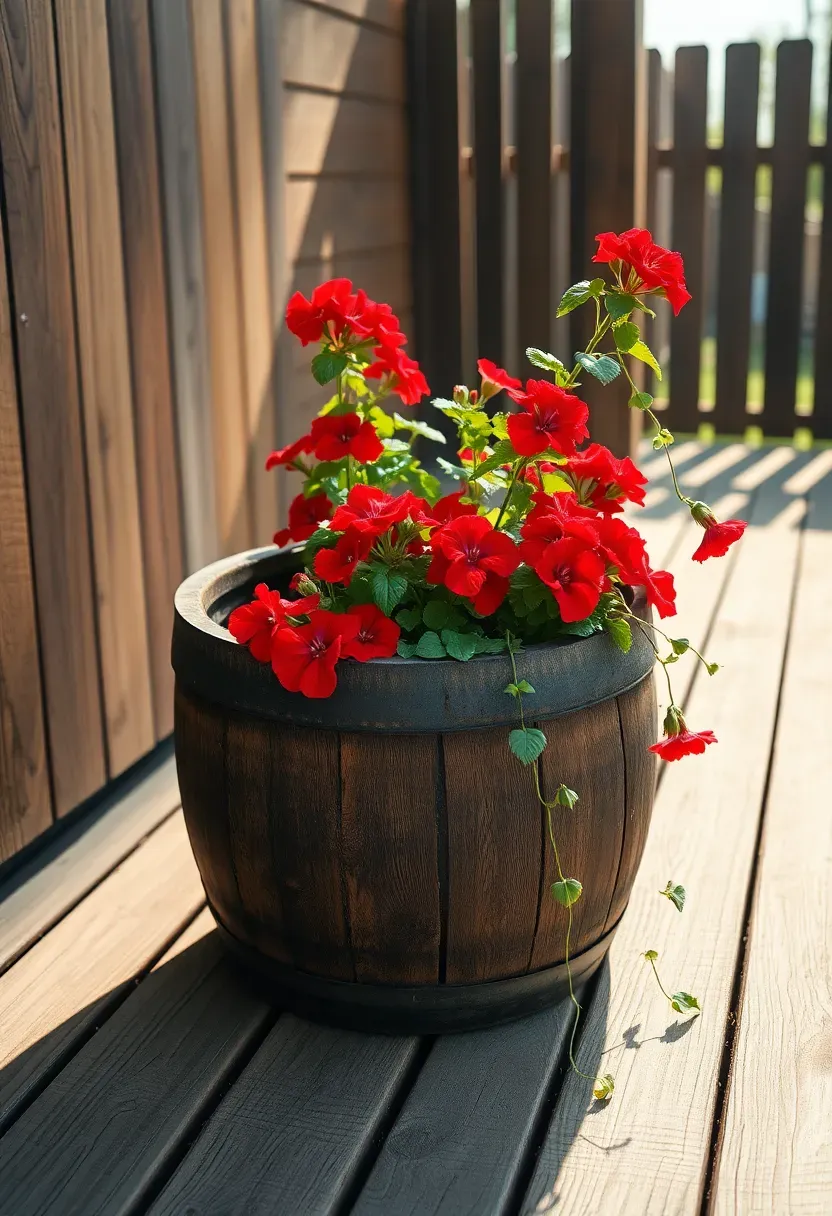 Halved oak whiskey barrel planter filled with red geraniums and sweet potato vine on a wooden deck near a fence