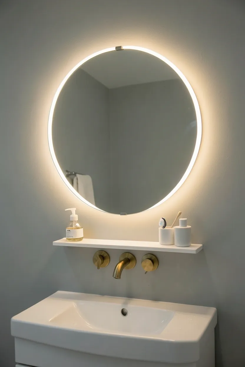 Large frameless round mirror with integrated LED lighting above vanity in a small modern bathroom