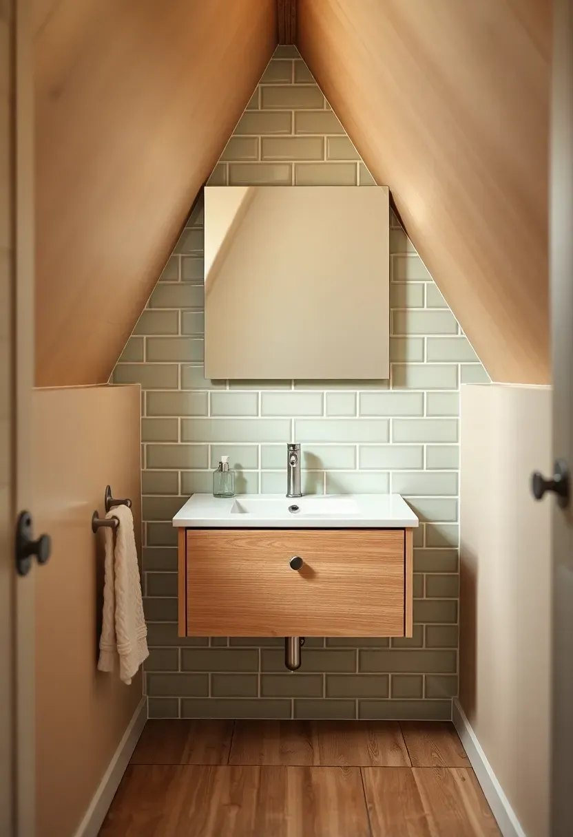 Compact attic bathroom with floating sage green vanity built into the knee wall, mirror extending up along the sloped ceiling, and brushed nickel hardware