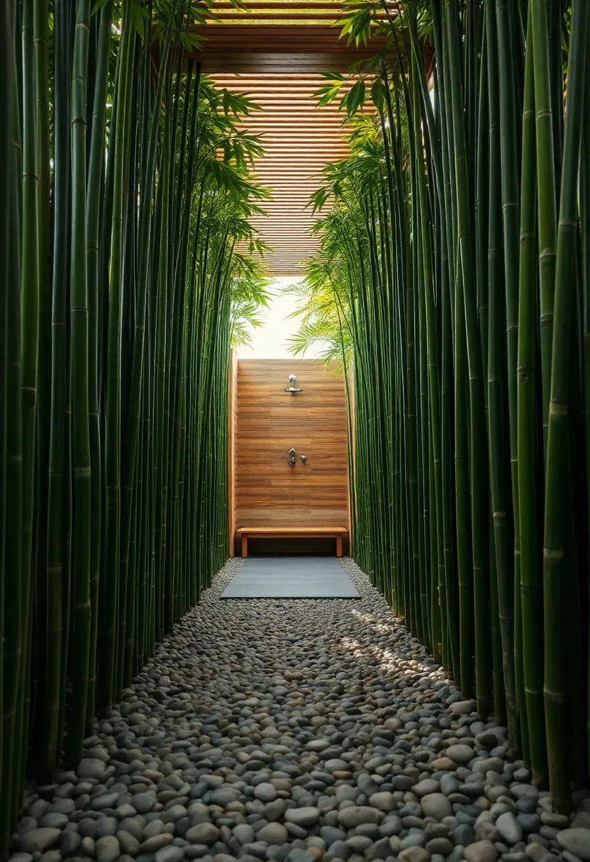 Zen bamboo forest walkway leading to an open shower with natural stone and lush green plants