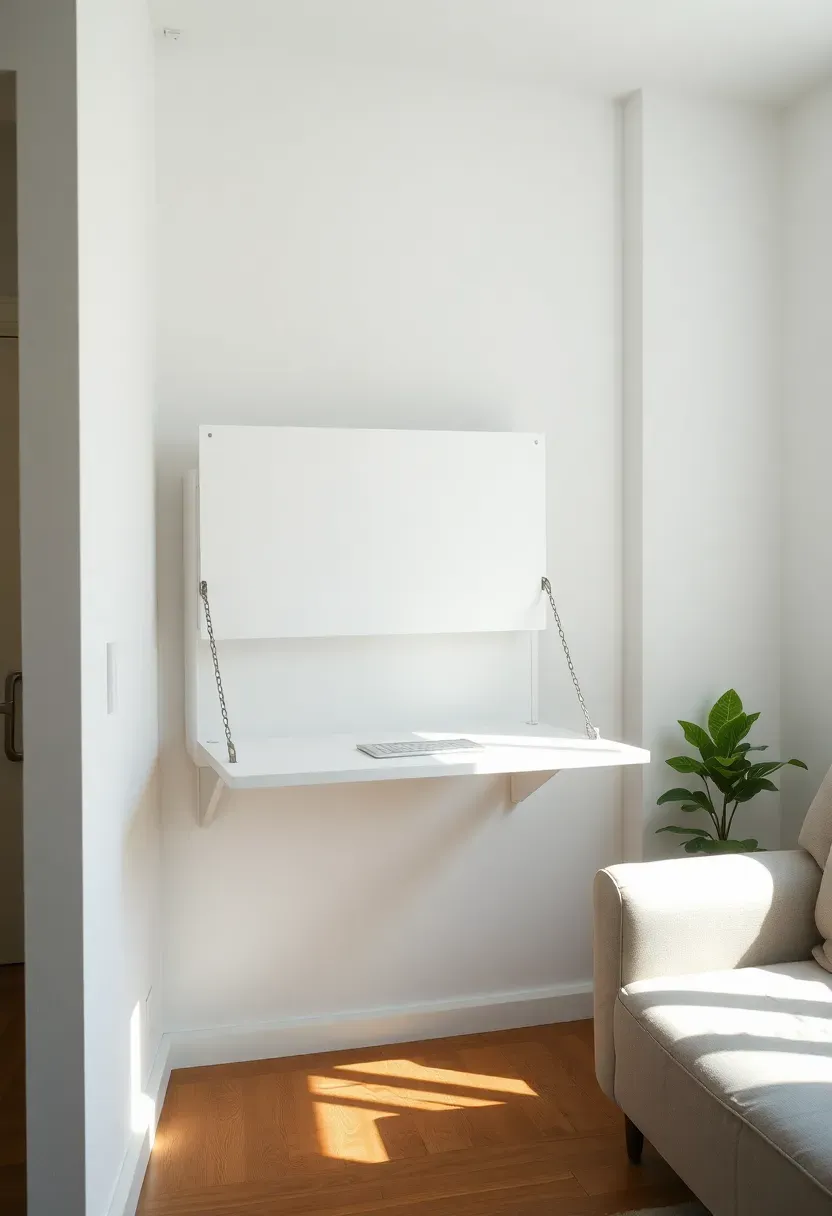 Hyper-realistic view of small minimalist living room with white fold-down desk mounted on wall, desk shown in closed folded position against wall, small apartment living room, sofa nearby, oak floor, white walls, compact uncluttered space. Materials: white lacquer fold-front panel, wall-mounted hinges, support chain when open, white walls, oak floor. Natural light, disappearing workspace mood. Wall-mounted desk preserving floor space, shallow depth of field, no text, no logos, no watermarks.</p>