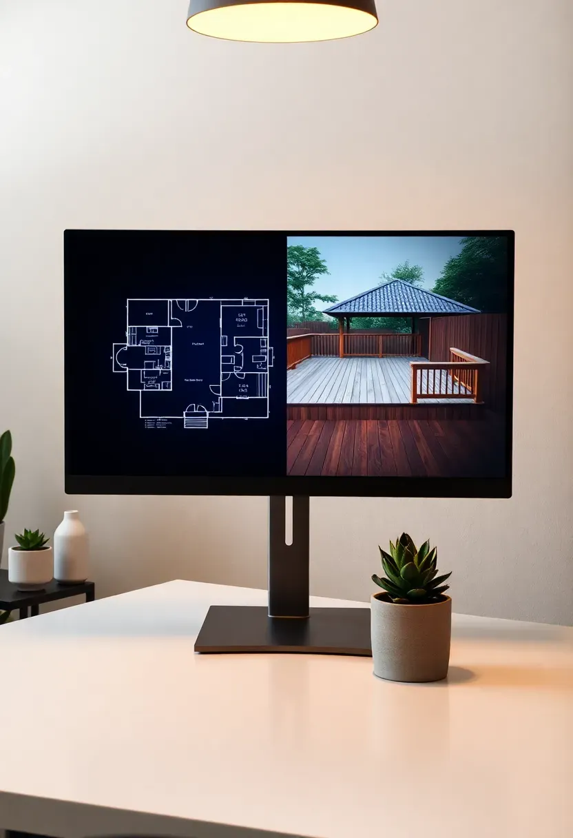 Split-screen view of DreamPlan software showing 2D yard blueprint on the left and 3D rendered backyard with deck on the right
