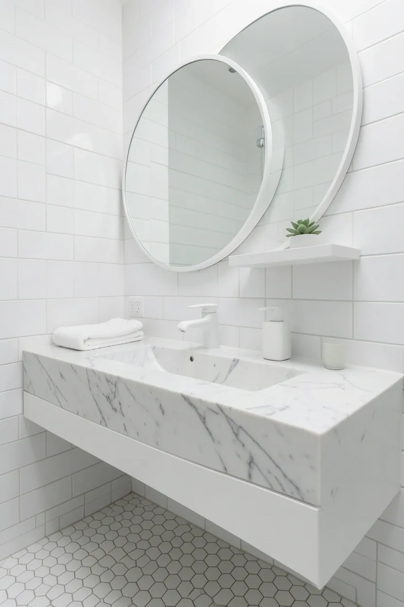 White minimalist bathroom with honed white marble stone sink, white floating vanity, and hexagon floor tiles — serene and uncluttered