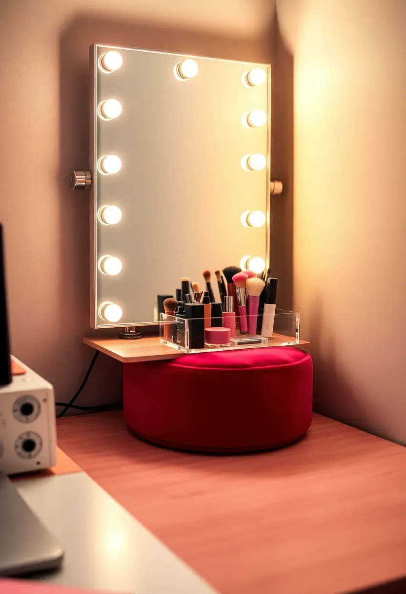 girl dorm vanity mirror station with Hollywood lights makeup organizer and small stool