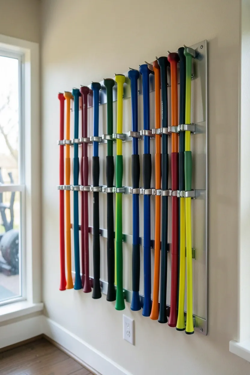 Colorful resistance tubes hung neatly on a wall-mounted peg organizer by resistance level in a small home gym — tangle-free storage solution