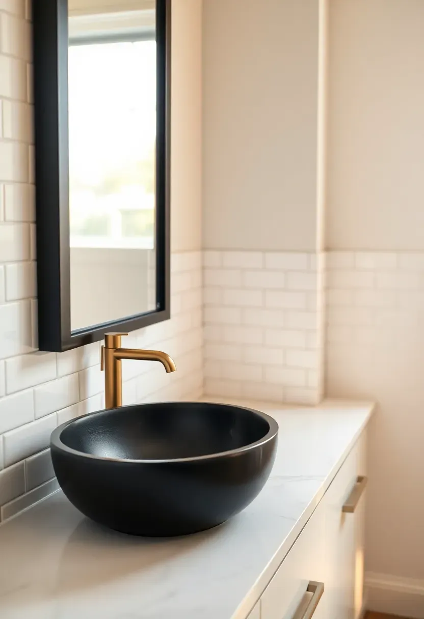 Matte black vessel basin sink on a light countertop with minimal chrome faucet in a contemporary apartment bathroom