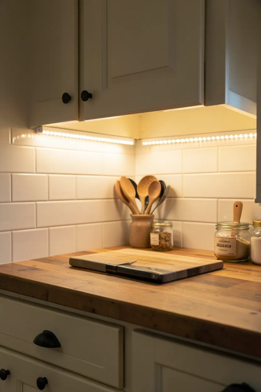 Warm LED under-cabinet strip lights illuminating butcher block counters in a cozy small cottage kitchen