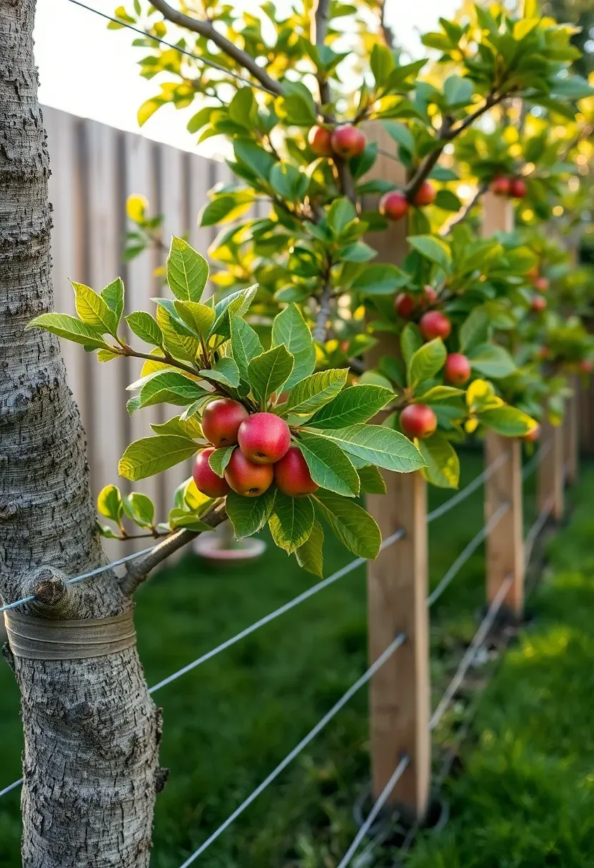 Espaliered apple trees trained flat against horizontal wires along a backyard fence creating a living privacy wall with fruit