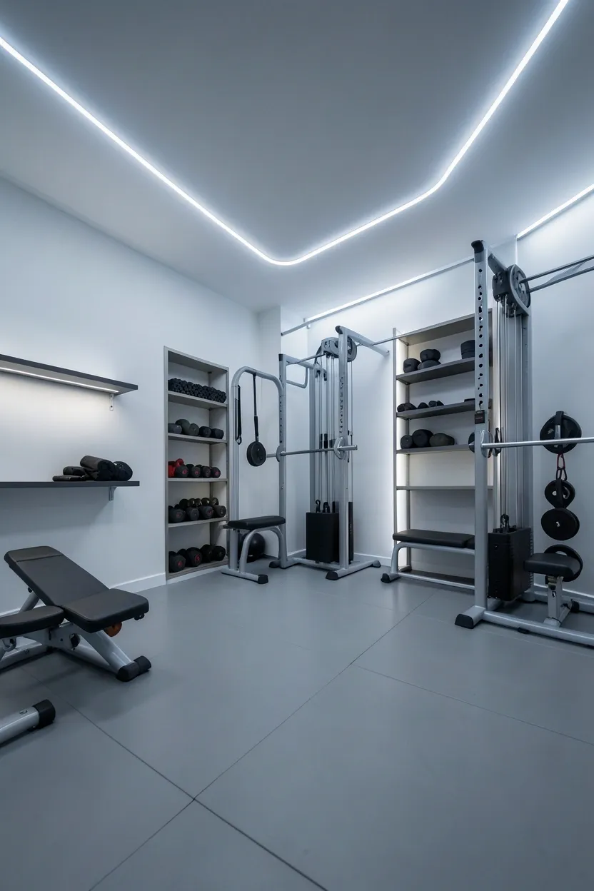 LED strip lighting along ceiling edges and under shelving in a small gym room creating ambient depth and dimension — visual expansion with layered lighting