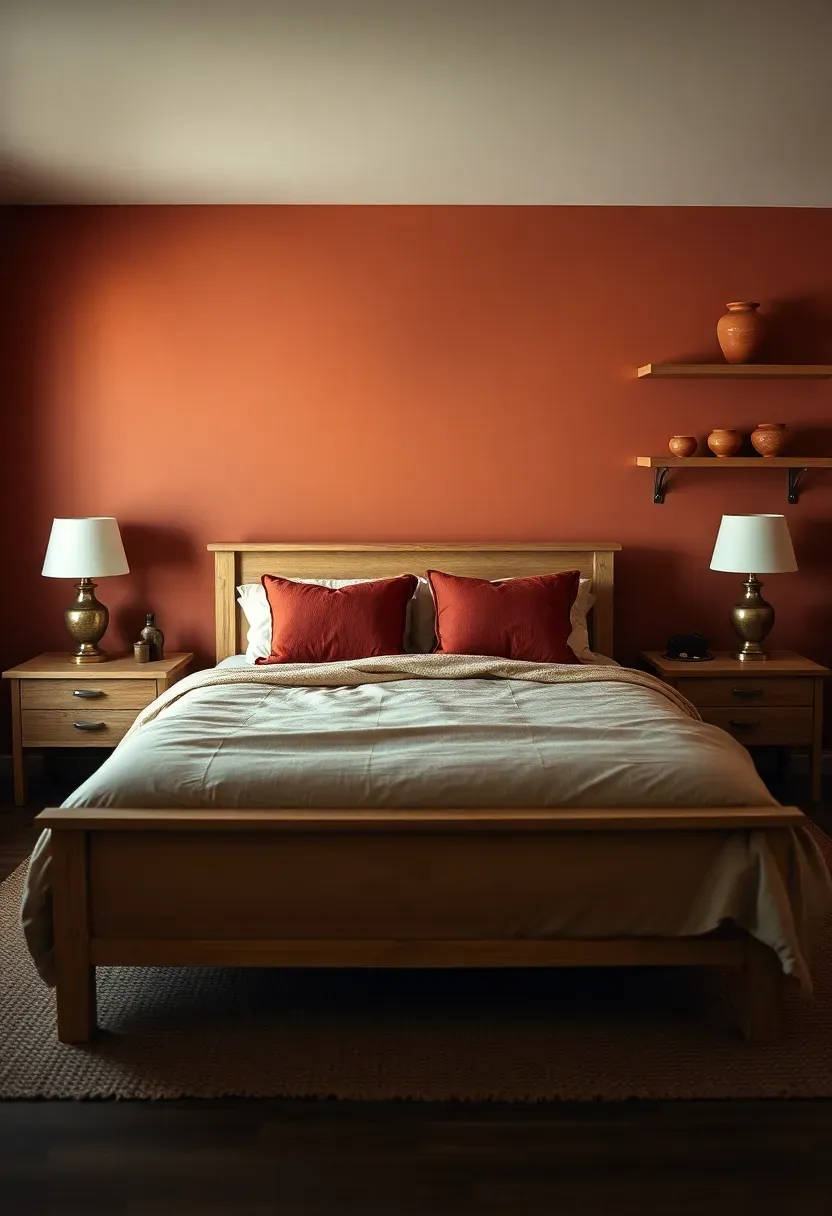 Hyper-realistic wide shot of a moody bedroom with deep terra cotta walls, queen bed with oatmeal duvet and rust-colored linen pillows, wood bed frame in light oak, copper table lamps, terracotta pottery on shelves. Visible room context with jute rug, dark wood floors. Materials: matte terra cotta paint, oatmeal cotton, rust linen, light oak wood, polished copper, terracotta. Warm reddish-amber lighting, earthy cozy shadows. No text, no logos, no watermarks.</p>