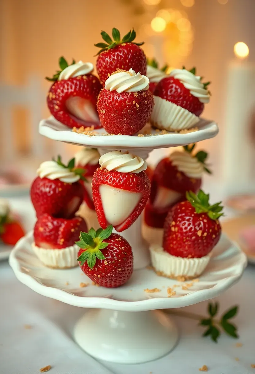 stuffed strawberry cheesecake bites with piped cream cheese filling and graham cracker crumbs on a tiered dessert stand