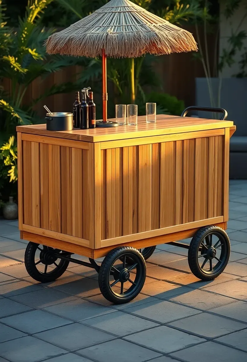 Mobile rolling tiki cart bar with bamboo paneling, large rubber wheels, and a small thatched umbrella top on a patio