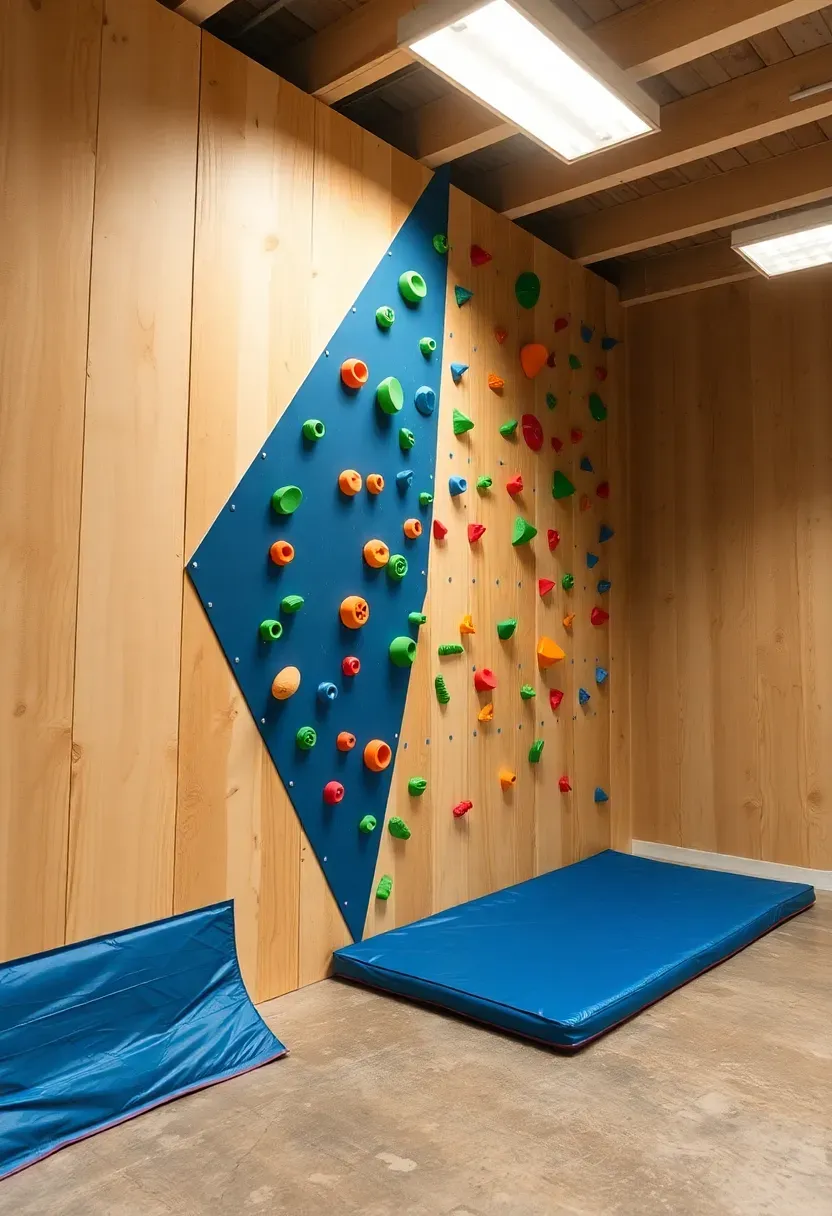 indoor rock climbing wall built on a basement accent wall with colorful holds and crash pad below