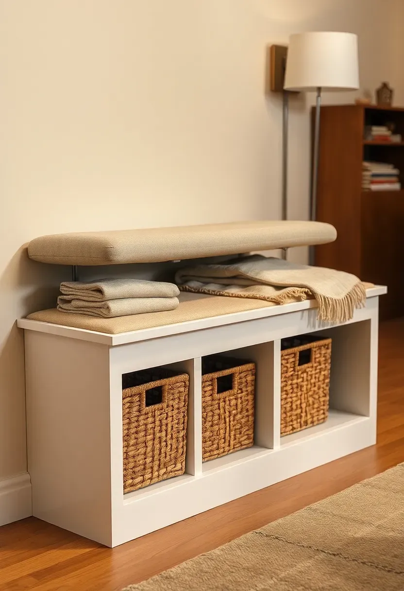 built-in storage bench with cushion and basket storage underneath in a basement family room