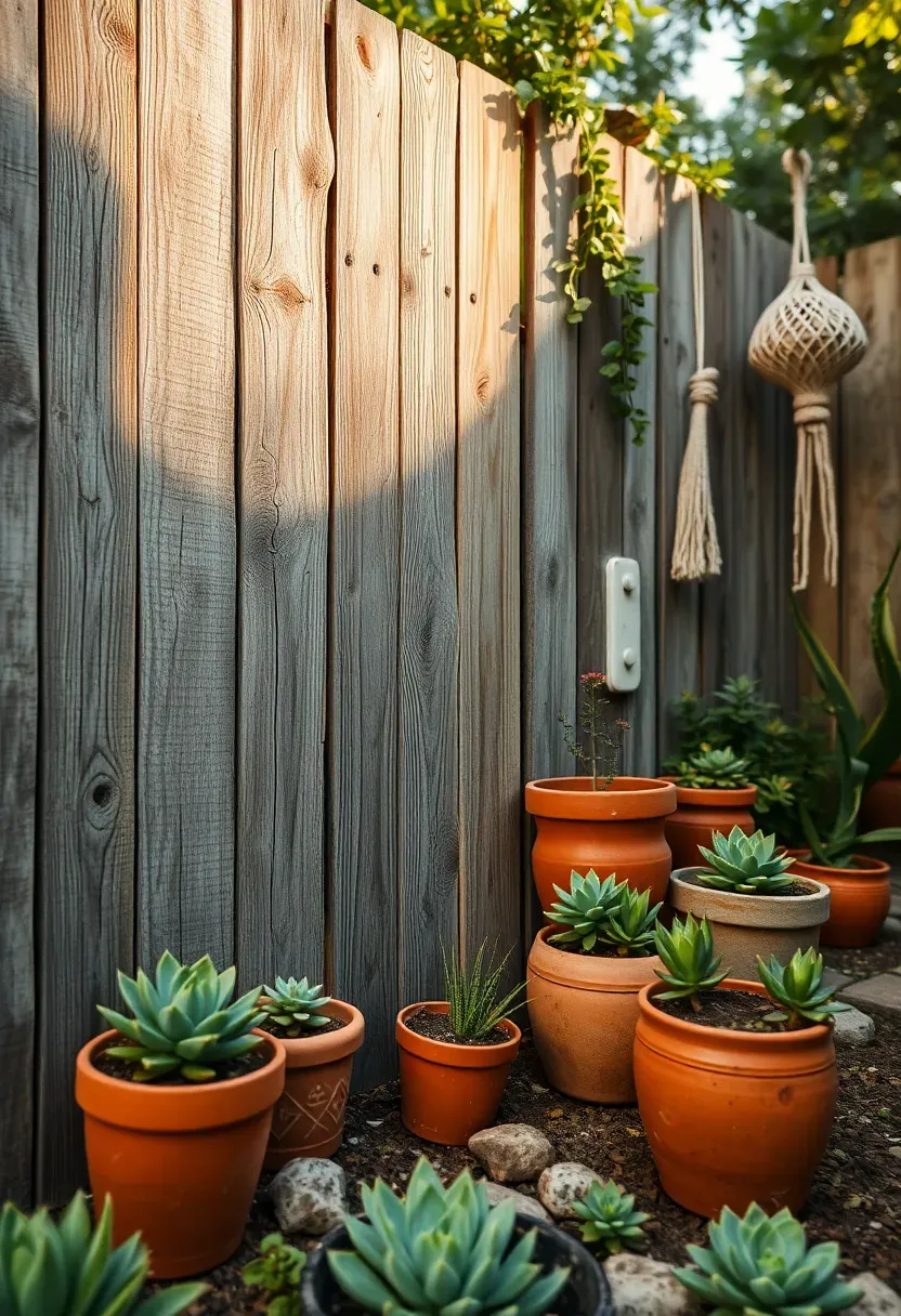 Rustic reclaimed pallet wood fence with varied plank widths and weathered patina in a bohemian backyard garden