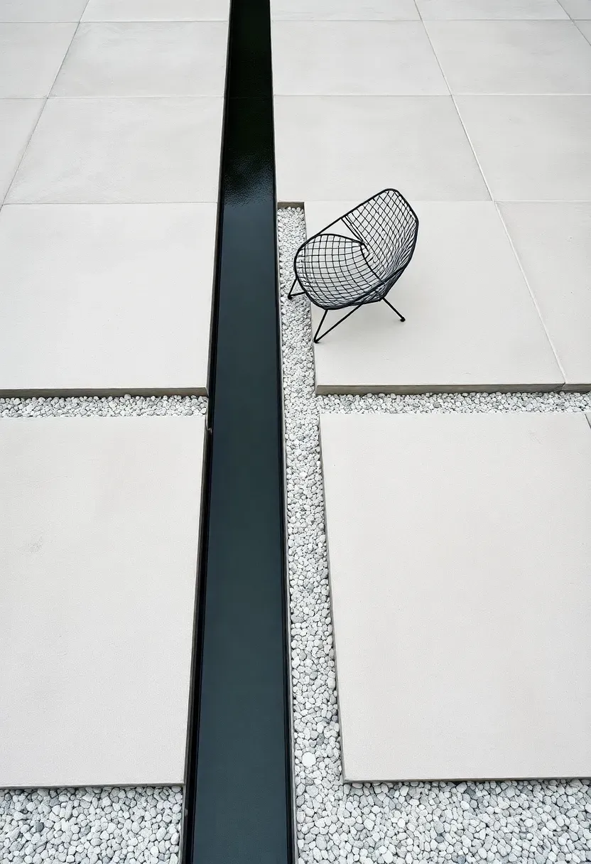 Ultra-clean minimalist patio with large poured concrete slabs separated by gravel strips, a single sculptural lounge chair, and a linear water feature