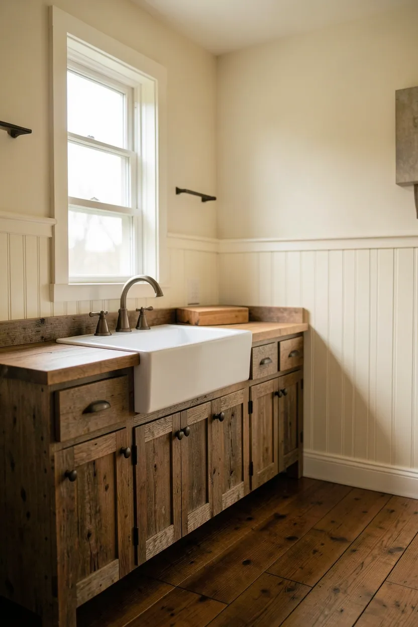 Rustic farmhouse Bloxburg bathroom with reclaimed wood vanity, farmhouse sink, shiplap walls, and oil-rubbed bronze fixtures