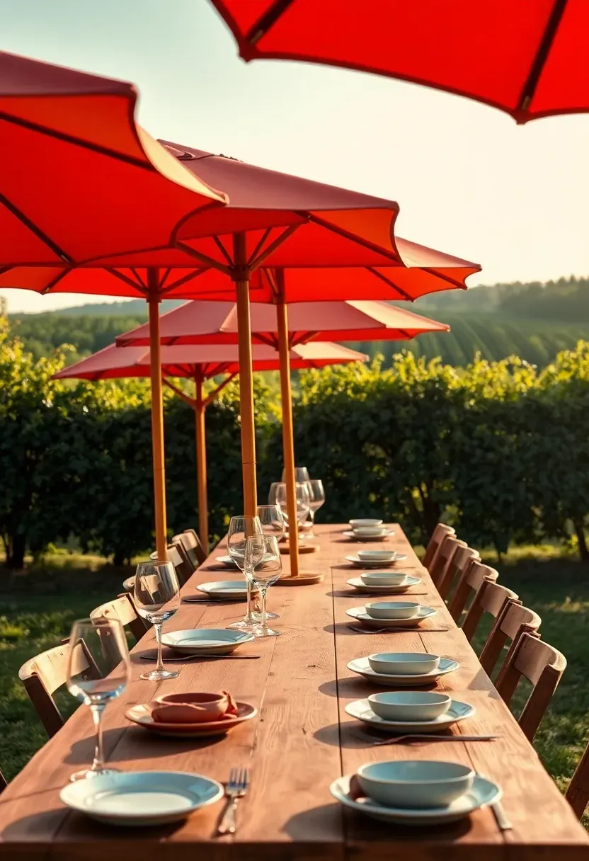 row of colorful market umbrellas over an outdoor dining table