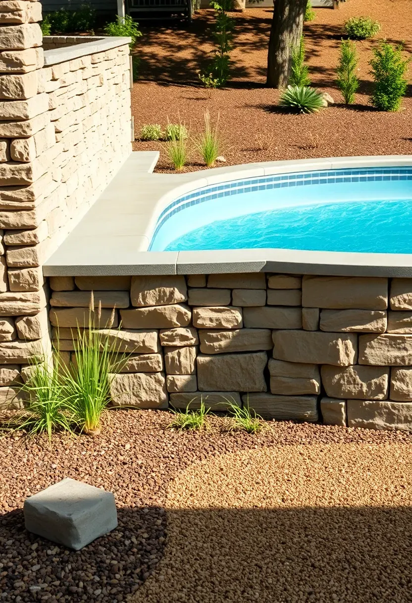 Hyper-realistic 3/4 view of an above-ground pool installed partially in-ground with natural stone retaining wall surrounding exposed upper portion. Materials: fieldstone retaining wall in earthy gray and tan tones, pool wall visible above ground in soft gray, tan decomposed granite surfacing around pool. Bright morning sunlight from left, casting crisp shadows revealing stone texture and wall dimension. Seamless integration with landscaping mood showing ornamental grasses planted along wall base, mulched garden bed beyond. Visible pool water in inviting blue, gentle ripples. Balanced composition showing wall's casual seating height, visible backyard slope context. No text, no logos, no watermarks.</p>