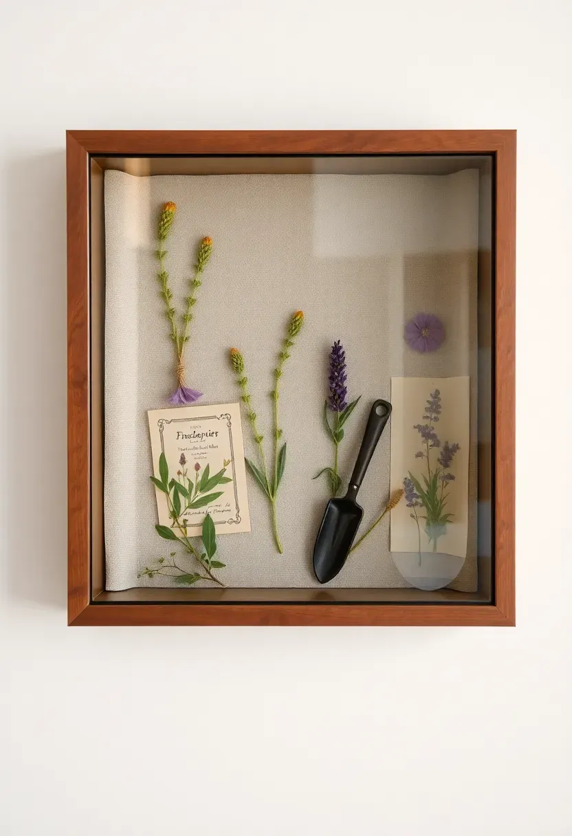 spring shadow box display with pressed botanical specimens, seed packets, and vintage garden labels behind glass