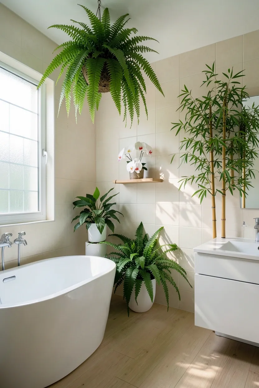 Hyper-realistic eye-level photograph of live plant zen bathroom. Bathroom features multiple healthy plants: large fern hanging from ceiling, orchid on floating shelf, bamboo in corner. Plants add vibrant green against neutral pale cream tile walls. White freestanding tub. Light wood floor. Minimal floating white vanity. Natural morning light coming from frosted window, plants casting soft shadows. Space feels alive and tranquil. Materials: living plants, ceramic, oak wood. Living organic mood. Focus on plant details and health. No text, no logos, no watermarks.</p>
