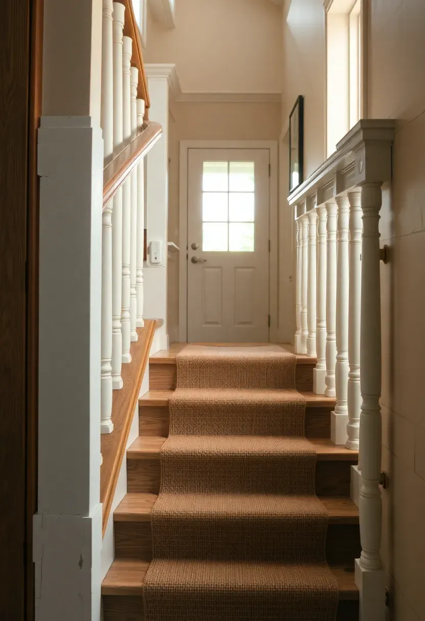 Rustic farmhouse staircase with reclaimed pine treads, white newel post, turned balusters, and jute runner secured with brass rods