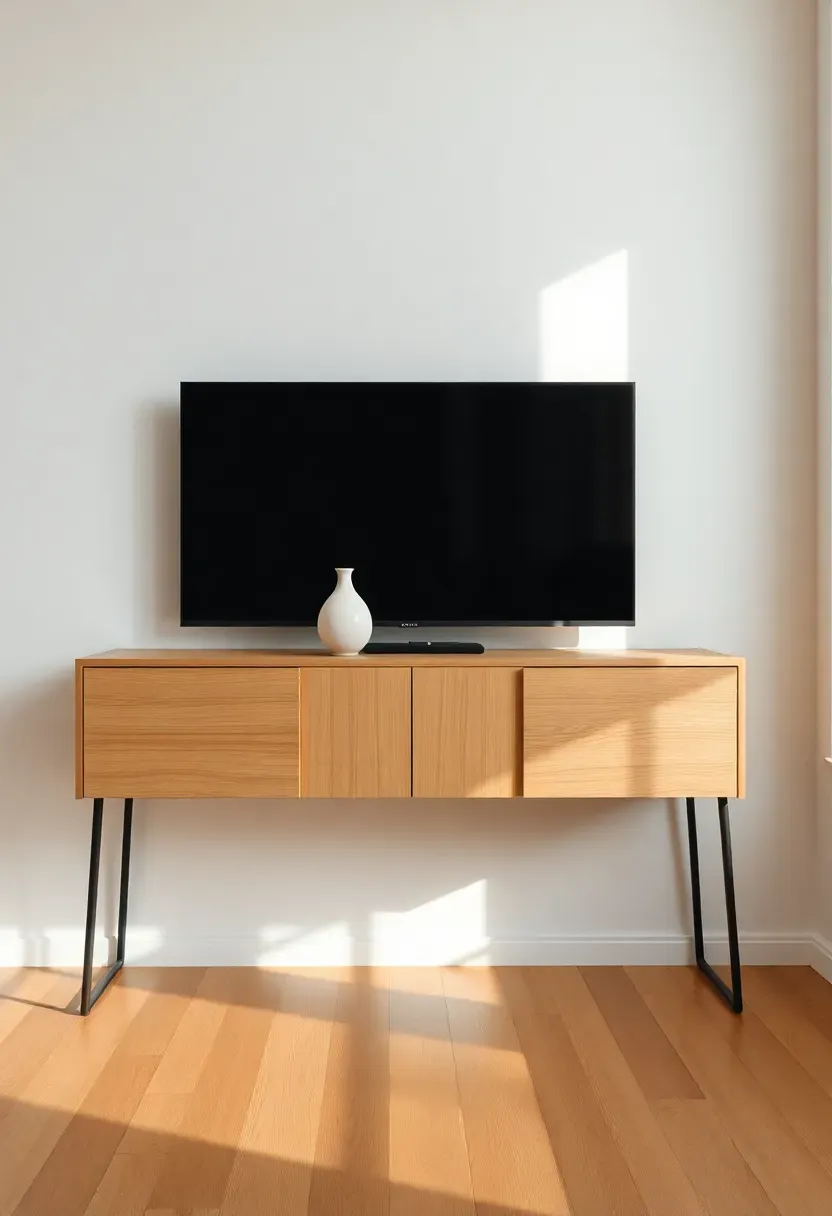 Hyper-realistic front shot of a minimalist light oak media console mounted on a warm white wall. The console features a long low profile (approximately 72 inches wide), clean fronts with integrated push-to-open doors, slim matte black metal legs. A flat-screen TV mounted above on the wall. Minimal decor on console: single ceramic vase. Light oak flooring below. Materials: light oak wood, matte black metal legs. Soft natural lighting. Clean composition, no visible cords. No text, no logos, no watermarks.</p>