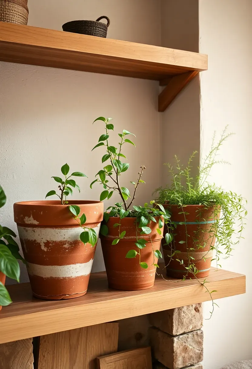 Collection of fresh green plants and herbs in weathered terracotta pots on a wooden shelf in a living room