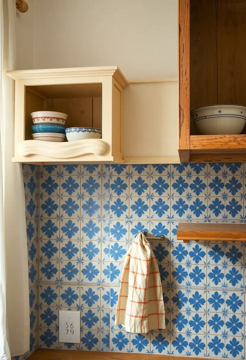 decorative chair rail ceramic molding in cream glaze topping a blue patterned backsplash tile in French country kitchen