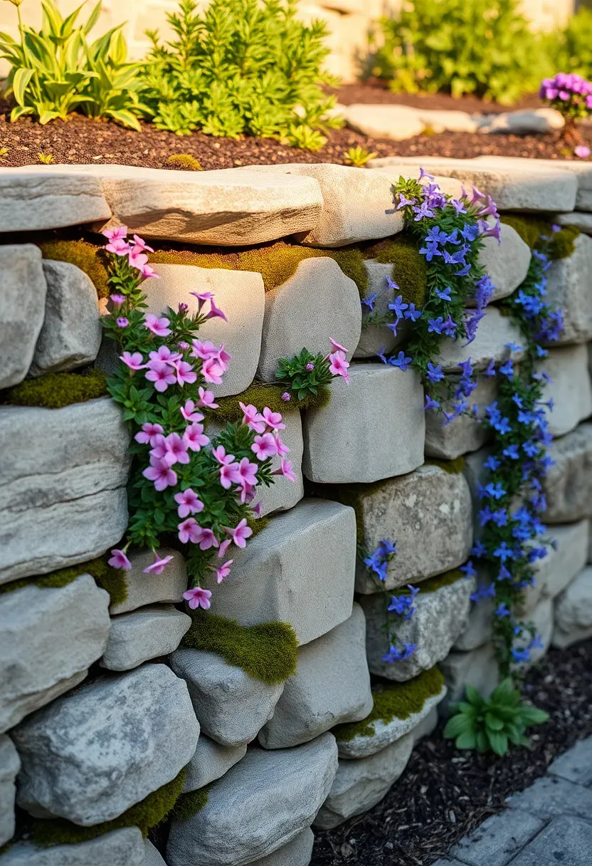 A stacked natural stone retaining wall with cascading flowers including creeping thyme, aubrieta, and trailing lobelia spilling over the edges