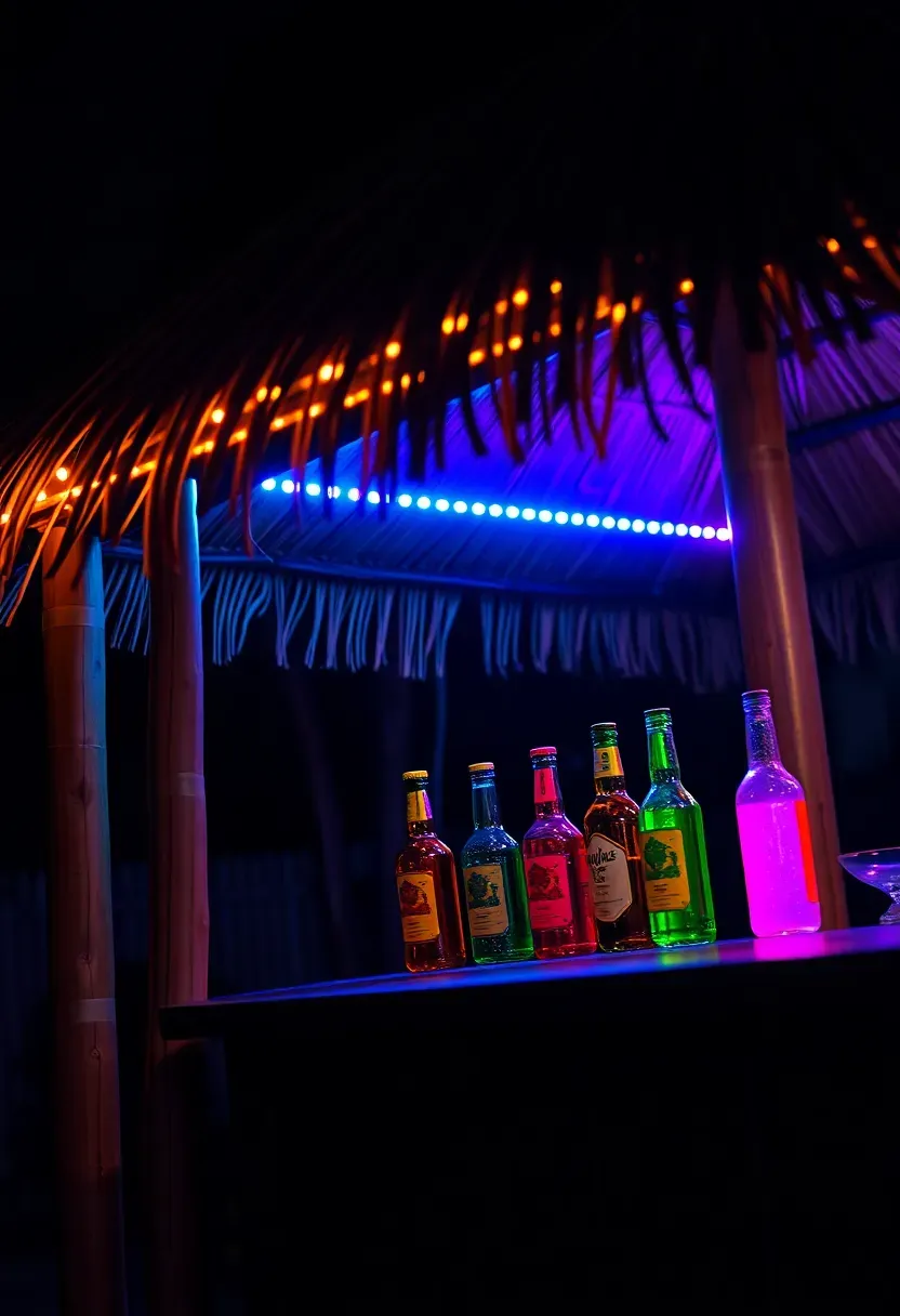 Tiki bar illuminated with color-changing LED strip lights along the counter edge and under the thatched roof at night