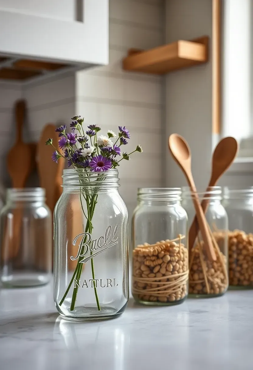 Mason jars repurposed as vases with wildflowers, storage containers, and pendant lights in farmhouse kitchen