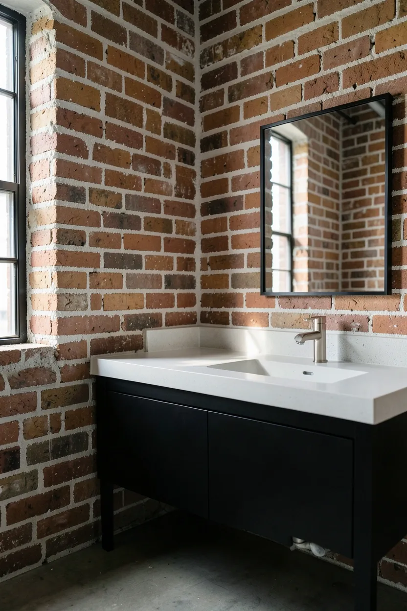 Hyper-realistic eye-level photograph of industrial bathroom brick feature wall with white mortar. Exposed red bricks in varying tones, white cement mortar between bricks, matte black vanity with white concrete countertop, brushed nickel faucet, black metal frame mirror, concrete floor. Materials: exposed red brick with natural variation, white cement mortar, matte black metal vanity, polished concrete countertop, brushed nickel fixtures. Natural light from window creating brick texture shadows, authentic industrial atmosphere. Shallow depth of field, sharp details on brick texture and mortar lines, balanced composition showing wall and vanity. No text, no logos, no watermarks.</p>