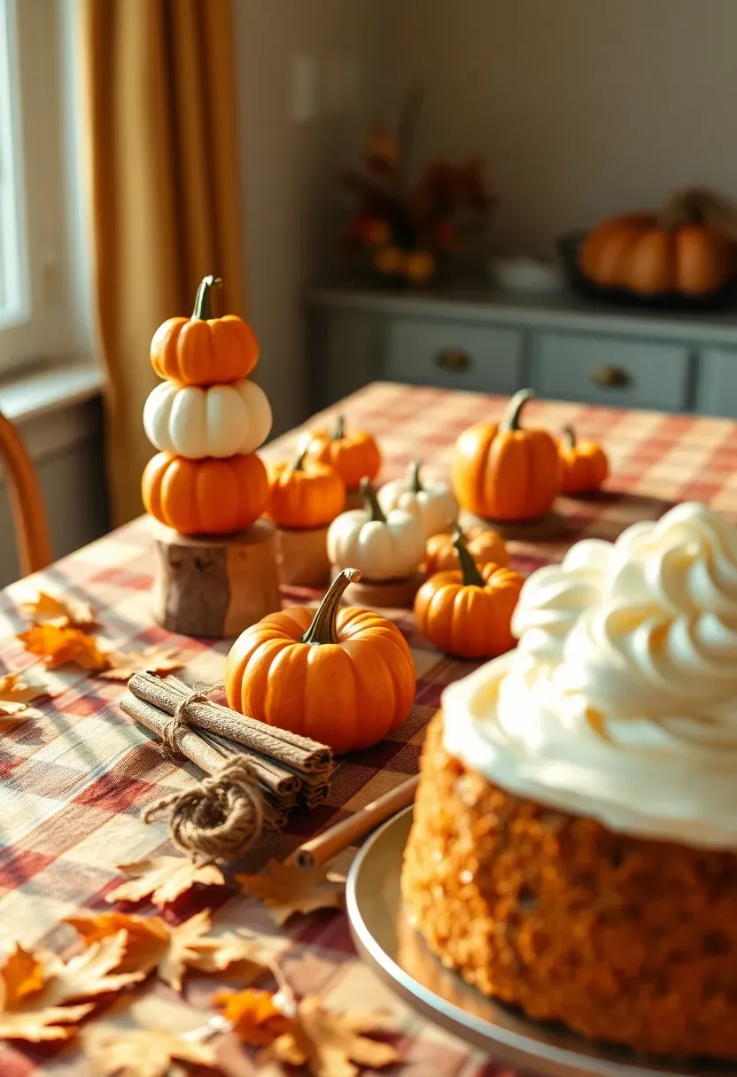 little pumpkin baby shower with orange white and gold pumpkins plaid table runner cinnamon stick bundles autumn leaves and a pumpkin shaped cake