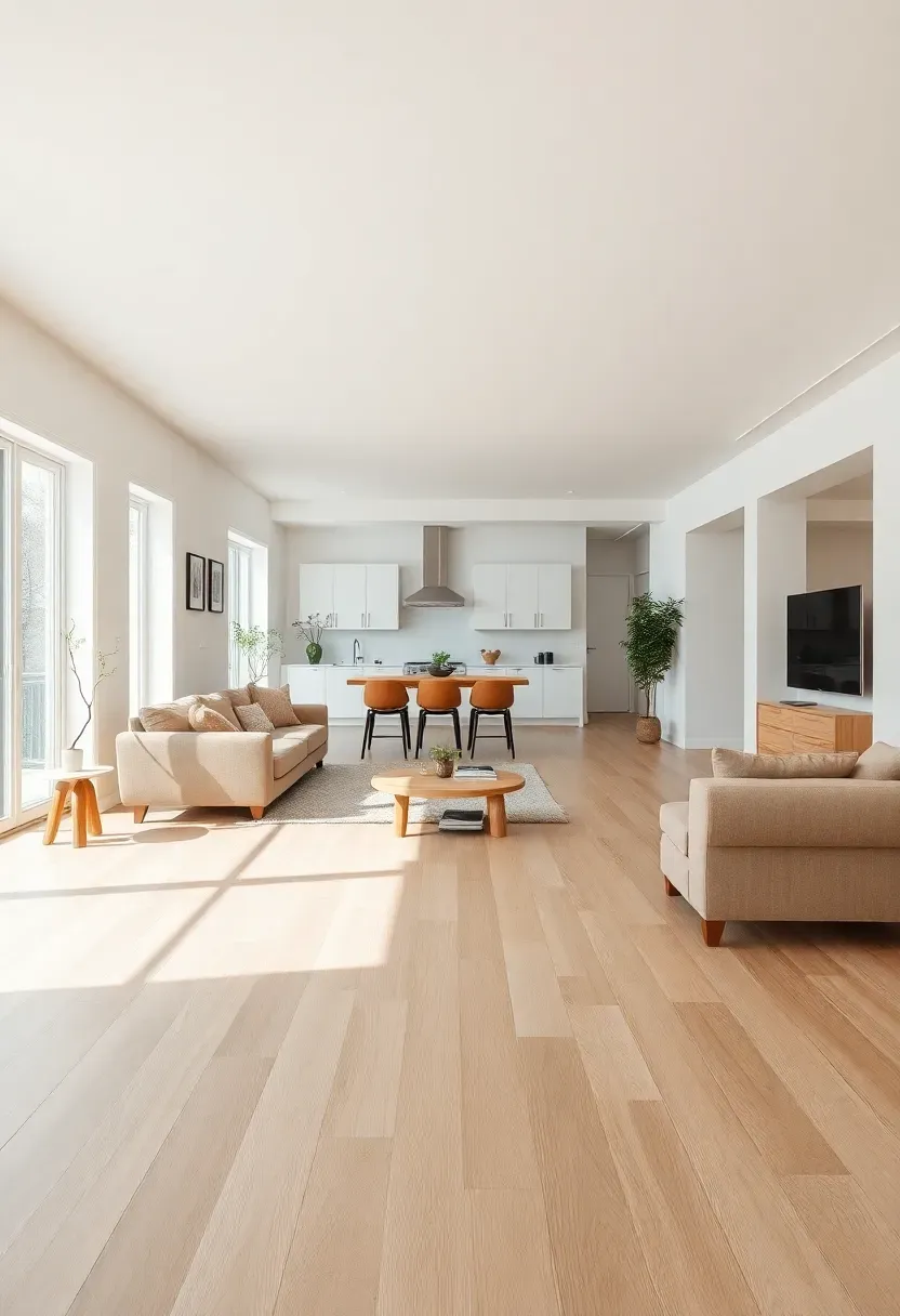 Hyper-realistic wide view of open-plan living space with continuous light oak flooring extending from living area through dining to kitchen, no transitions or thresholds, white walls throughout, minimal furniture. Materials: continuous light oak wood flooring, white walls, white cabinets. Natural light, expansive cohesive mood. Unbroken floor plane, shallow depth of field, no text, no logos.</p>