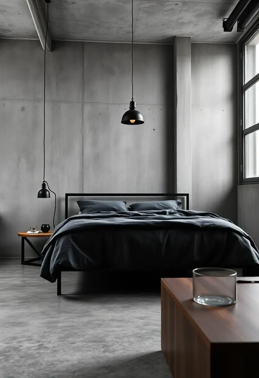concrete and steel masculine bedroom with poured concrete accent wall and industrial pendant