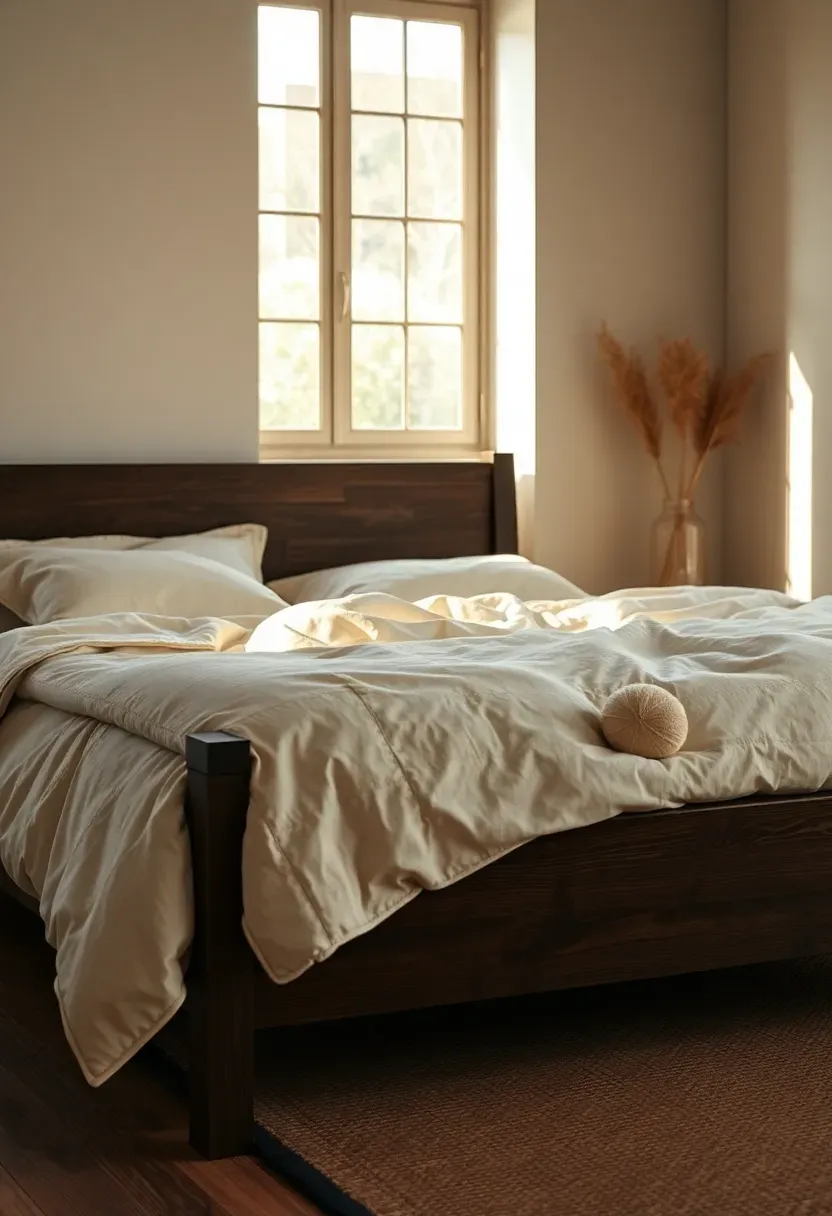 Linen bedding in earthy tones with wool rug