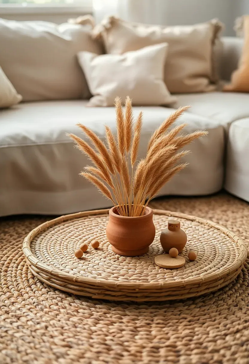 Boho layered woven tray centerpiece with dried pampas grass, terracotta pots, and beaded accents on a jute rug