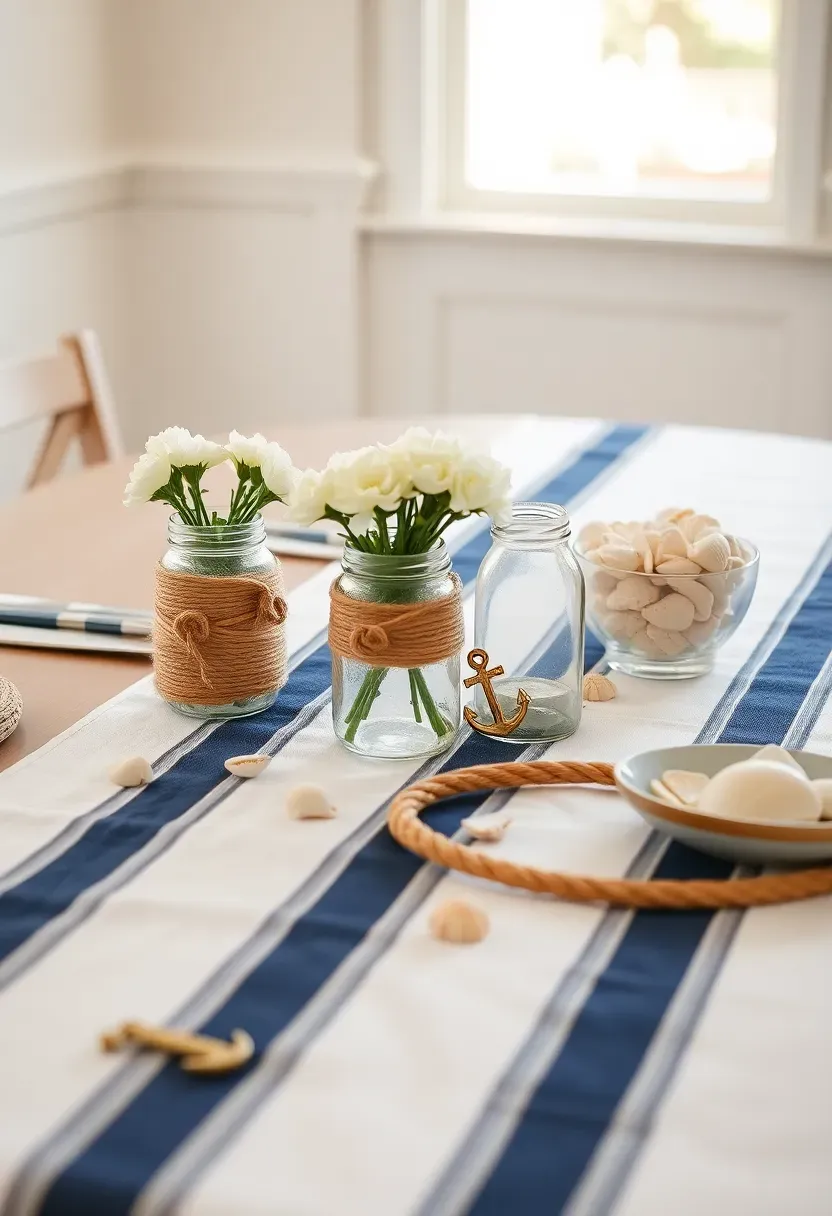 nautical themed baby boy shower table with navy blue and white striped runner, anchor decorations, rope accents, and glass jars filled with sea shells
