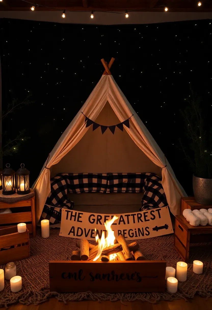 camping under the stars baby shower with tent lanterns smores station and faux campfire