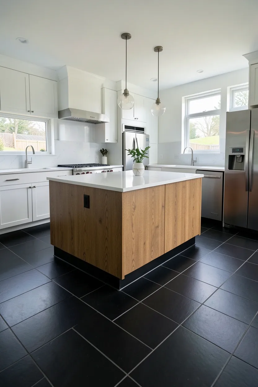 Large-format black tile kitchen floor with a warm wood island — dramatic high-contrast modern kitchen design