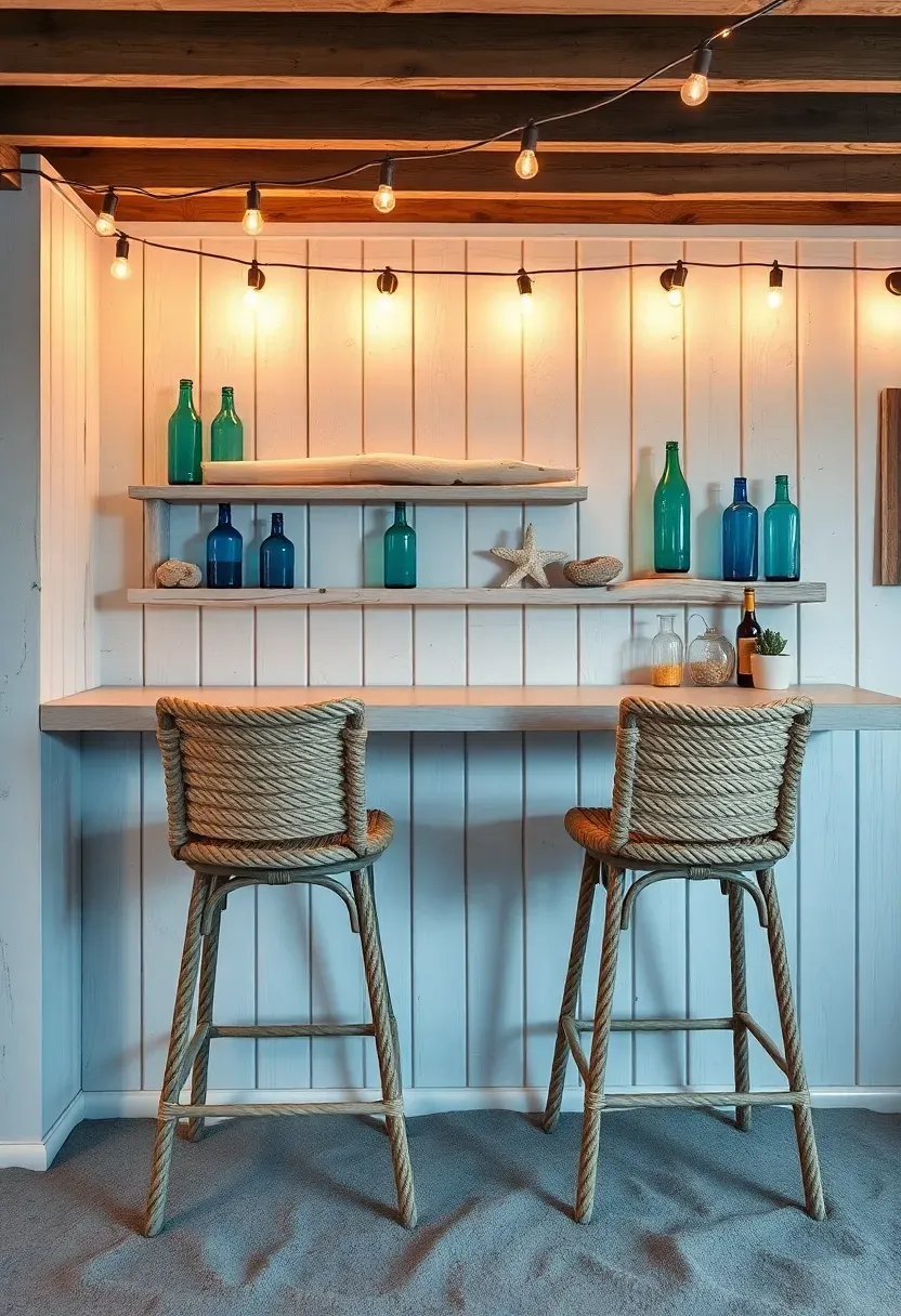 Coastal-themed basement bar with whitewashed reclaimed wood paneling, rope-wrapped bar stools, and sea glass bottle display