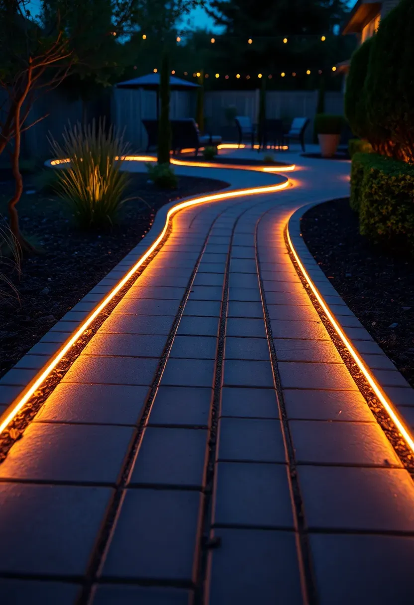 Curved paver walkway with recessed LED strip lighting along edges glowing softly at twilight in a landscaped backyard